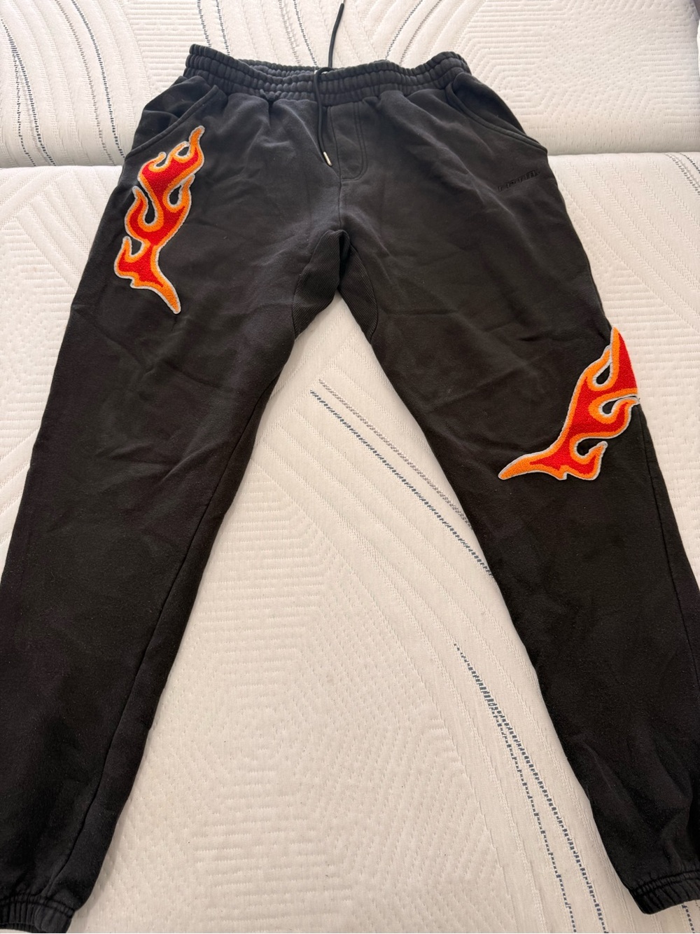 Black Men's Jogger Sweatpants with Red-Orange Flame Appliqué
